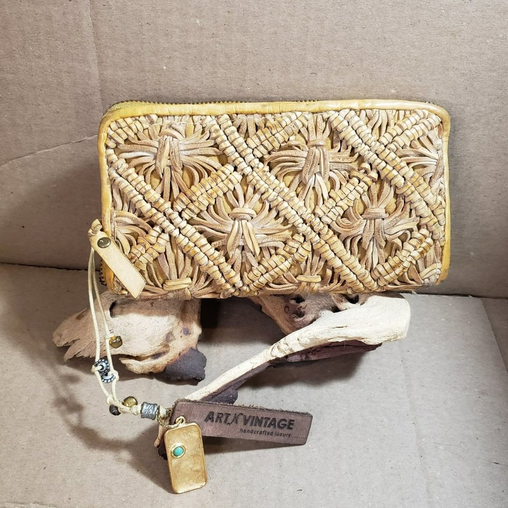Retro Washed Leather Braided Zip Around Wallet